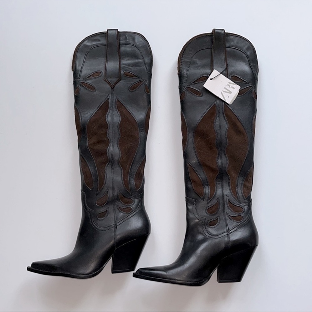Zara high knee cowboy boots leather new with tag